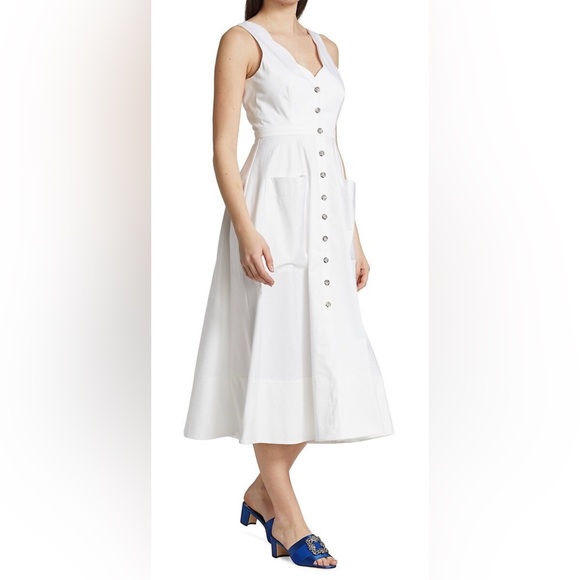 Saloni Zoey Scallop Midi Dress White Stretch Poplin NWT - Picture 1 of 7